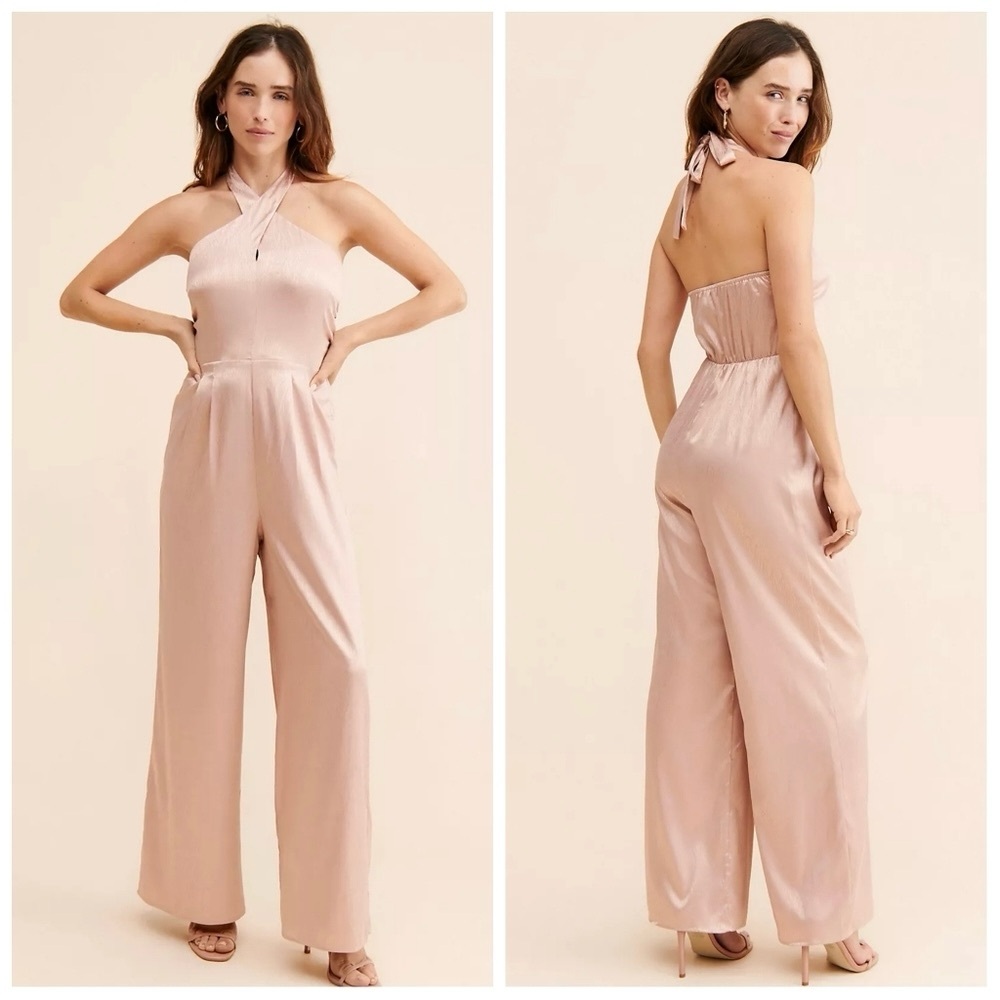 Anthropologie Wide Leg Jumpsuit Cross Neck Blush Satin Wedding Guest Glam L NWT
